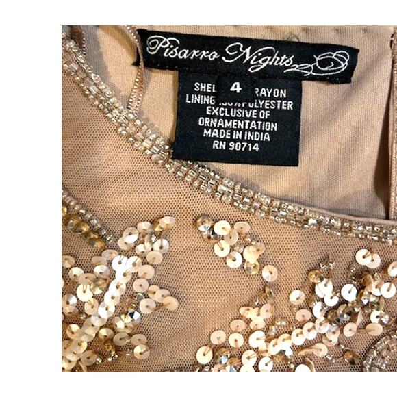 PISARRO NIGHTS New Beige Nude Beaded Mesh Midi Cocktail Dress Holiday NWT Sz 4 - Picture 7 of 11